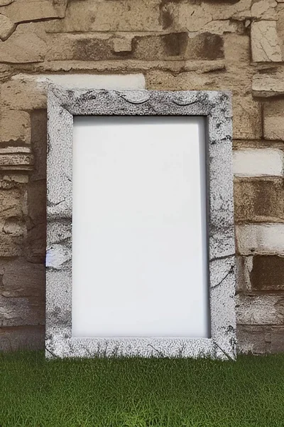 Wooden frame and board on stone wall