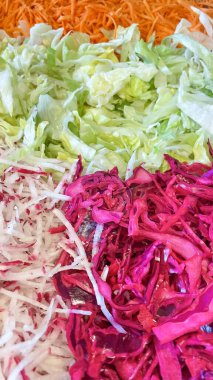 grated and sliced carrots, radishes, lettuce, red cabbages for salad