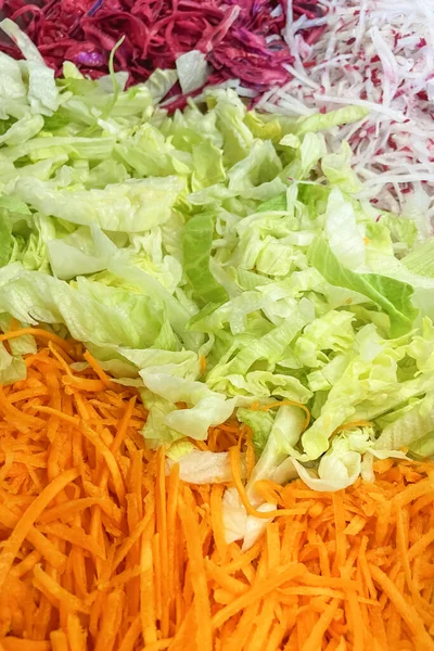 grated and sliced carrots, radishes, lettuce, red cabbages for salad