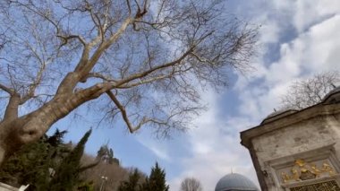 istanbul,Turkey. Februar 18,2023.Historical Eyup Sultan Mosque is located in Eyup district of Istanbul, outside the city walls and near the Golden Horn. Exterior view of Eyup Sultan Mosque, one of the important symbols of Islam.