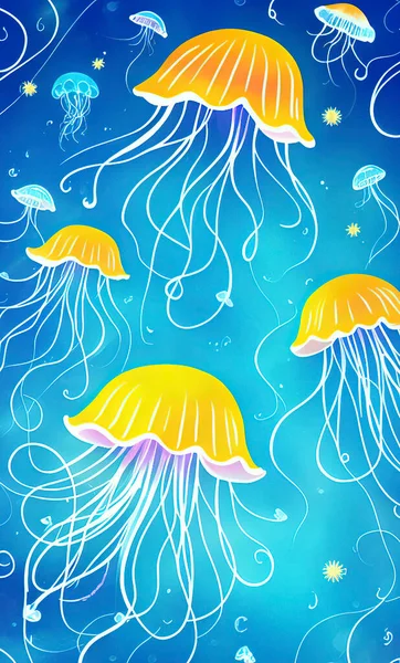 Seamless pattern of the jellyfishes on a blue background. illustration.