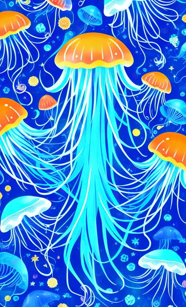 Seamless pattern of the jellyfishes on a blue background. illustration.