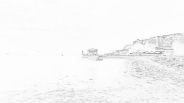 Moda İskelesi 'nin İstanbul' daki genel manzarası. Kadky 'nin sembollerinden biri, mimar Vedat Tek' in 100 yıl önce inşa ettiği tarihi Moda İskelesi. Çizgi film etkisi.