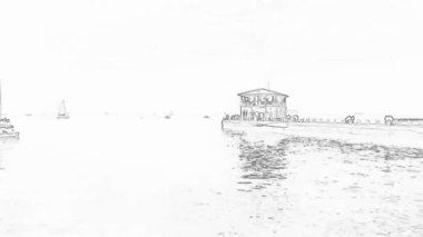 Moda İskelesi 'nin İstanbul' daki genel manzarası. Kadky 'nin sembollerinden biri, mimar Vedat Tek' in 100 yıl önce inşa ettiği tarihi Moda İskelesi. Çizgi film etkisi.