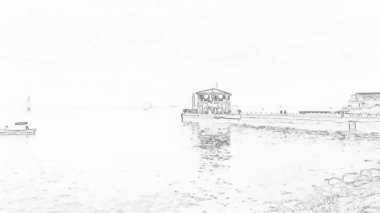 Moda İskelesi 'nin İstanbul' daki genel manzarası. Kadky 'nin sembollerinden biri, mimar Vedat Tek' in 100 yıl önce inşa ettiği tarihi Moda İskelesi. Çizgi film etkisi.