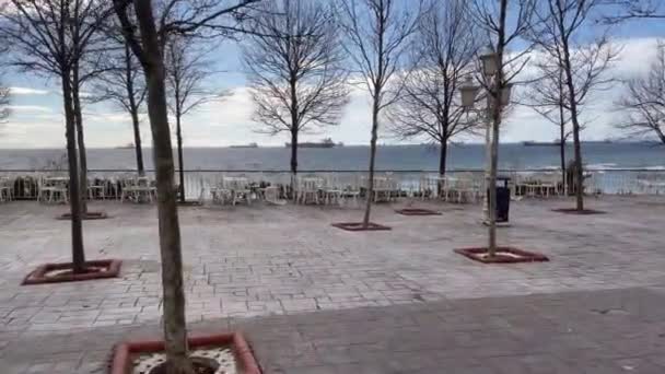 3月11 2023 Marmara海の海岸沿いのFlorya地区 散策路 休憩所 緑の自然 社会施設 冬の公園 — ストック動画
