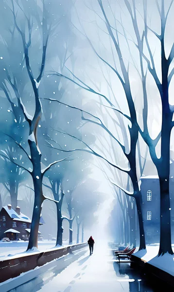 Water color winter landscape with forest .Digital art painting. illustration.