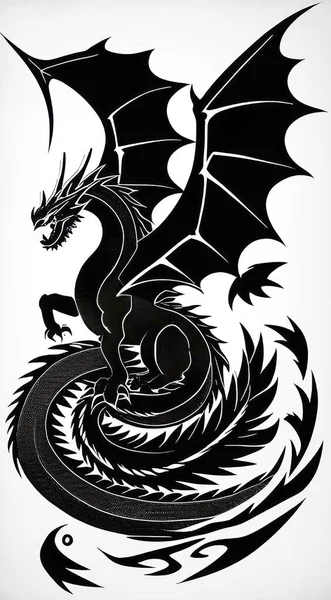 Татуювання Дракона Чорним Кольором Білому Тлі Векторні Ілюстрації Вашого Дизайну — стоковий вектор