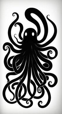 Ahtapot. Siyah ve beyaz vektör çizimi. Beyaz arka planda izole edilmiş. Dövme tasarımı..
