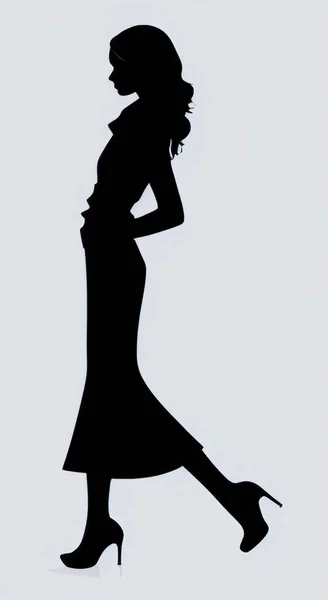 Czarno Biały Model Mocy Piękna Kobieta Sukni Wieczorowej Czarna Sylwetka — Wektor stockowy