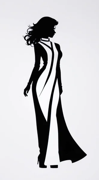 Czarno Biały Model Mocy Piękna Kobieta Sukni Wieczorowej Czarna Sylwetka — Wektor stockowy