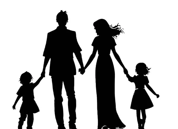 Εικονογράφηση Μιας Χαρούμενης Οικογενειακής Σιλουέτας Ασπρόμαυρη Διανυσματική Απεικόνιση — Διανυσματικό Αρχείο