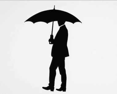 Şemsiyeli iş adamının siyah beyaz silueti. vektör illüstrasyonu.