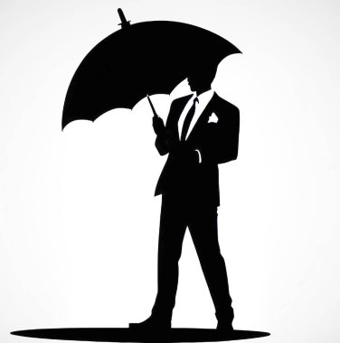 Şemsiyeli iş adamının siyah beyaz silueti. vektör illüstrasyonu.