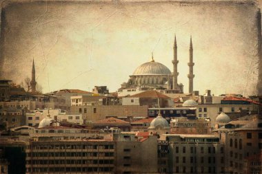 İstanbul, Türkiye. 2 Nisan 2023 İstanbul, Avrupa ve Asya kıtaları arasındaki rüya şehridir. Turist ve turistler için Boğaziçi ve Tarihi yarımadadan eski fotoğraf efektlerine sahip turistik görüntüler.