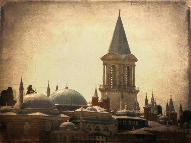 İstanbul, Türkiye. 2 Nisan 2023 İstanbul, Avrupa ve Asya kıtaları arasındaki rüya şehridir. Turist ve turistler için Boğaziçi ve Tarihi yarımadadan eski fotoğraf efektlerine sahip turistik görüntüler.