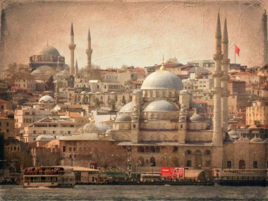 İstanbul, Türkiye. 2 Nisan 2023 İstanbul, Avrupa ve Asya kıtaları arasındaki rüya şehridir. Turist ve turistler için Boğaziçi ve Tarihi yarımadadan eski fotoğraf efektlerine sahip turistik görüntüler.