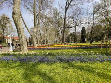 İstanbul, Türkiye. 16, 2023 Gulhane Parkı, Topkapı Sarayı 'nın bitişiğinde, yeşil alanları, çiçek bahçeleri ve tarihi binalarıyla tanınan tarihi bir parktır..