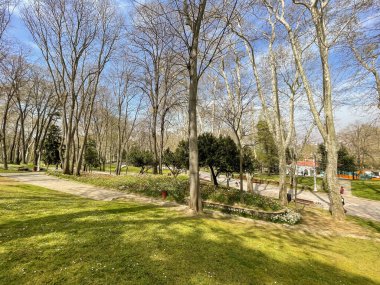 İstanbul, Türkiye. 16, 2023 Gulhane Parkı, Topkapı Sarayı 'nın bitişiğinde, yeşil alanları, çiçek bahçeleri ve tarihi binalarıyla tanınan tarihi bir parktır..