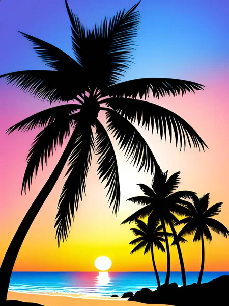 Прекрасний Захід Сонця Пляжі Пальмами Векторна Ілюстрація Тропічний Пляж Пальмами — стоковий вектор