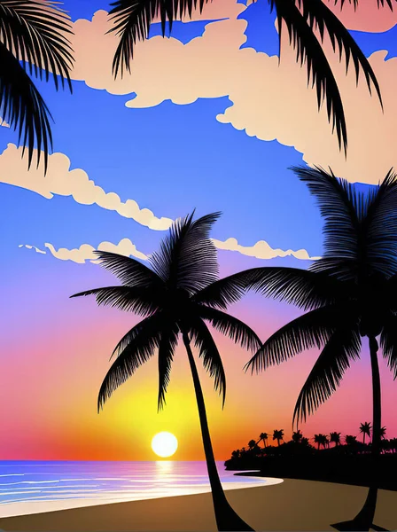 Beautiful Sunset Beach Palm Trees Vector Illustration Tropical Beach Palm — Stock Vector