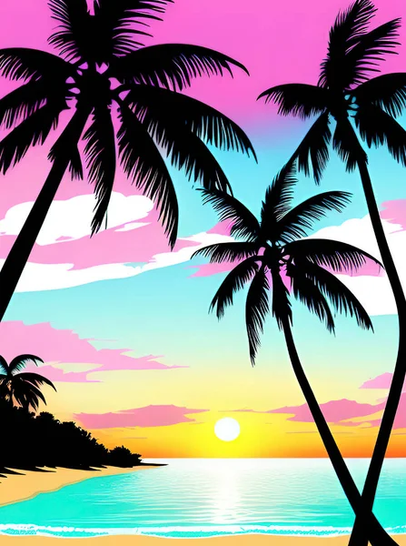 Όμορφο Ηλιοβασίλεμα Στην Παραλία Φοίνικες Εικονογράφηση Διάνυσματροπική Παραλία Φοίνικες Και — Διανυσματικό Αρχείο