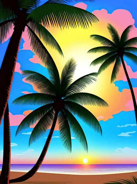 Piękny Zachód Słońca Plaży Palmami Ilustracja Wektora Tropikalna Plaża Palmami — Wektor stockowy
