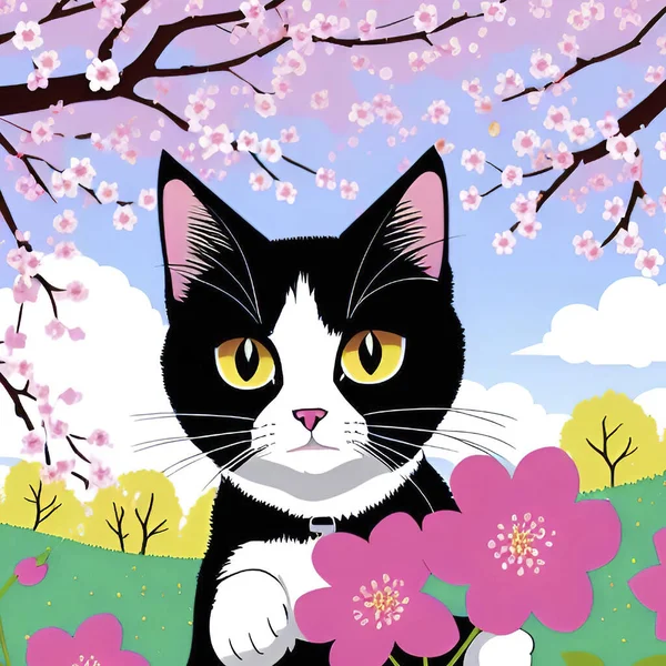 Gato Bonito Com Flor Cerejeira Fundo Sakura Ilustração Vetorial — Vetor de Stock