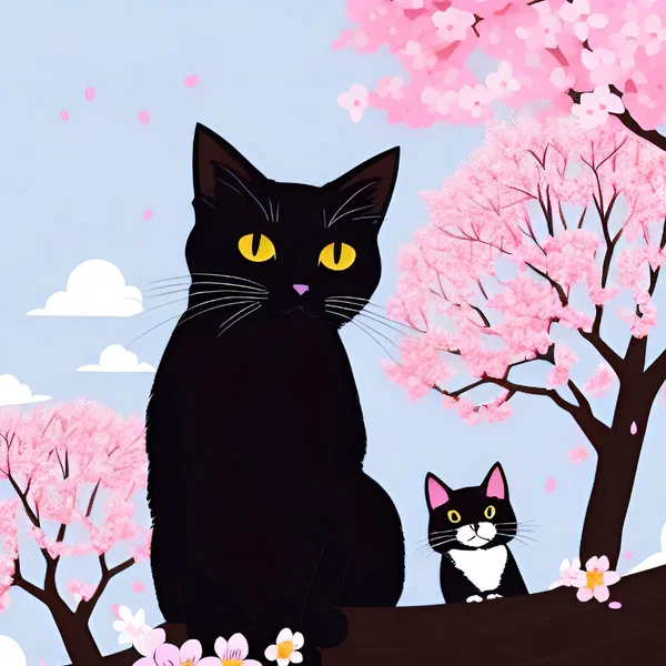 Gatto Carino Con Sfondo Sakura Fiore Ciliegio Illustrazione Vettoriale — Vettoriale Stock