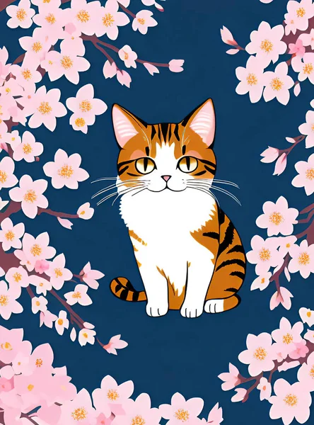 Aranyos Macska Cseresznyevirág Sakura Háttérrel Vektorillusztráció — Stock Vector