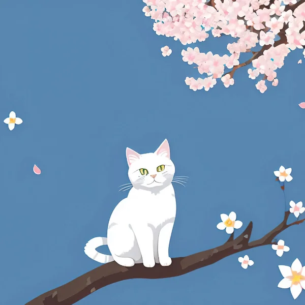 Gato Bonito Com Flor Cerejeira Fundo Sakura Ilustração Vetorial —  Vetores de Stock