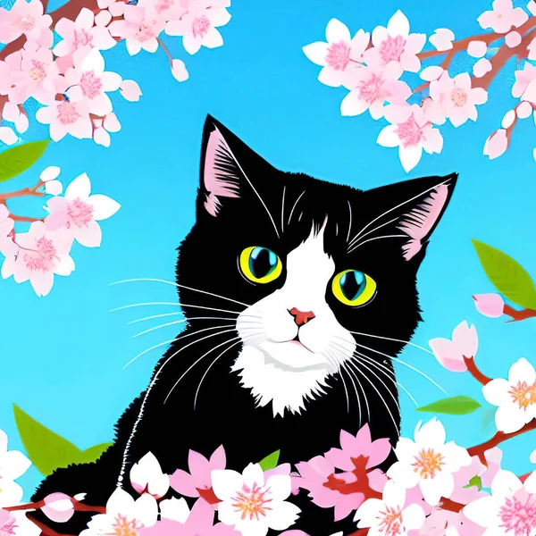 Gato Bonito Com Flor Cerejeira Fundo Sakura Ilustração Vetorial — Vetor de Stock