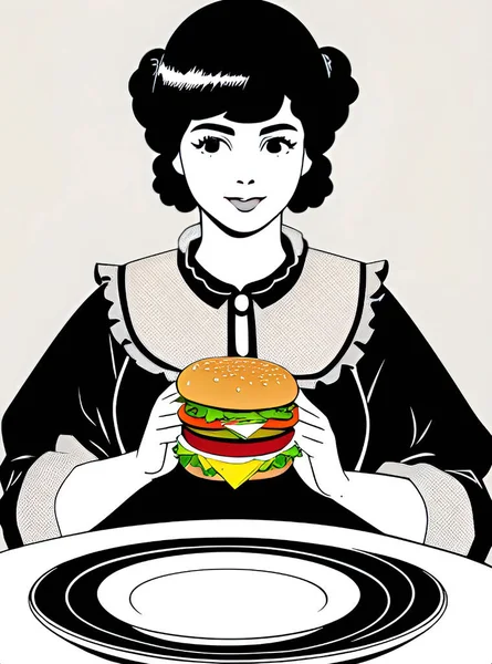 Una Ilustración Vectorial Una Mujer Con Una Hamburguesa Mano — Vector de stock