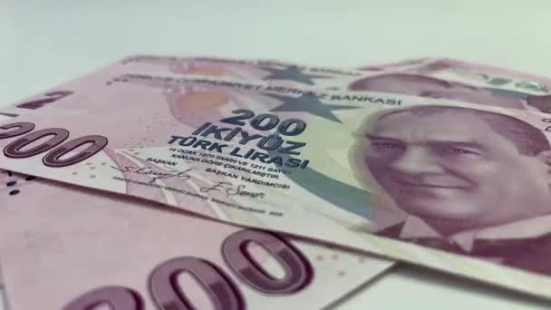 200 Tureckich Banknotów Lira Elegancja Tureckiej Waluty Zatrzymać Ruch — Wideo stockowe