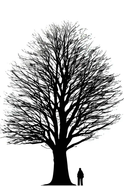 Schwarz Weiße Silhouette Von Baum Und Mensch Unter Baum — Stockvektor