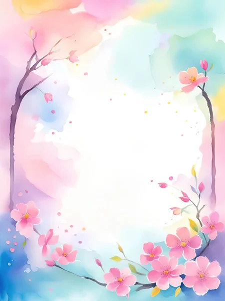 Sakura Cherry Blossom Frame Watercolor Background Vector Illustration - Stok Vektor
