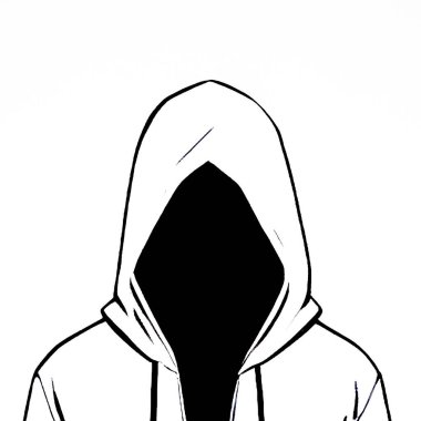 Siyah kapüşonlu sweatshirt giyen bilgisayar korsanı silueti. vektör illüstrasyonu.