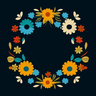 Koyu arkaplanda çiçek çelengi. Çiçek çerçevesi. Tasarımın için çiçekli arka plan. Folk tarzında renkli çiçek deseni. Vektör illüstrasyonu.