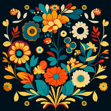 Koyu arkaplanda çiçek çelengi. Çiçek çerçevesi. Tasarımın için çiçekli arka plan. Folk tarzında renkli çiçek deseni. Vektör illüstrasyonu.