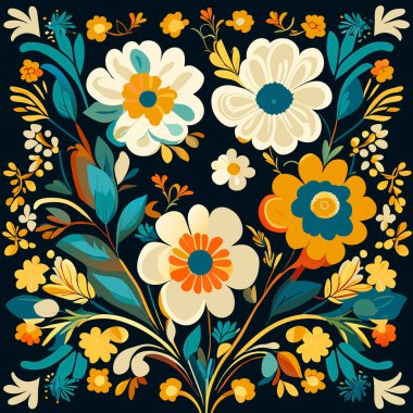 Koyu arkaplanda çiçek çelengi. Çiçek çerçevesi. Tasarımın için çiçekli arka plan. Folk tarzında renkli çiçek deseni. Vektör illüstrasyonu.