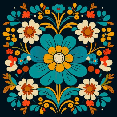 Koyu arkaplanda çiçek çelengi. Çiçek çerçevesi. Tasarımın için çiçekli arka plan. Folk tarzında renkli çiçek deseni. Vektör illüstrasyonu.