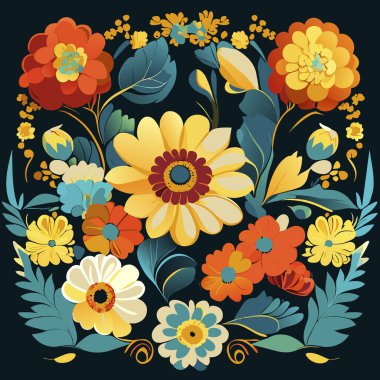 Koyu arkaplanda çiçek çelengi. Çiçek çerçevesi. Tasarımın için çiçekli arka plan. Folk tarzında renkli çiçek deseni. Vektör illüstrasyonu.