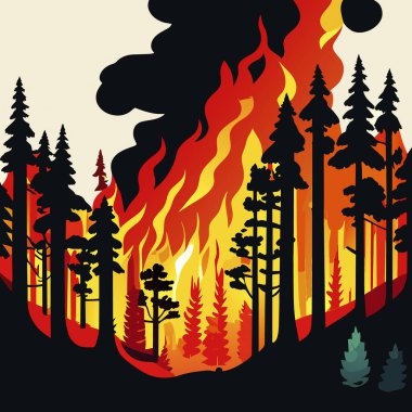 Orman yangını arka planı. Ormanda yangın. Ormanda orman yangını. Doğal afet kavramı. Vektör illüstrasyonu.
