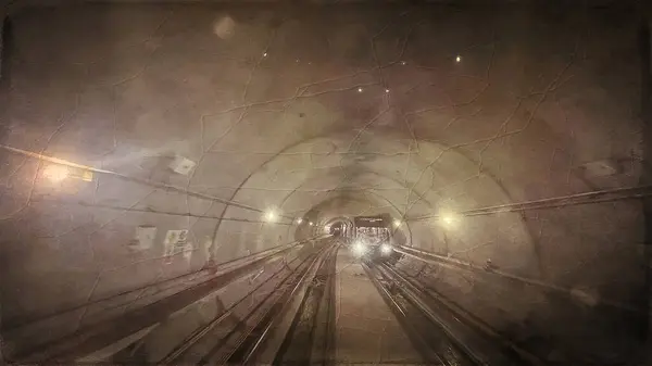 Underground metro tunnel. Digital painting. Long exposure. Toned.