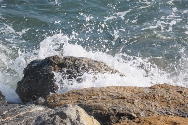Renkli bir sonbahar gününde hafif rüzgarın esintisiyle canlanan güneş gökyüzünde parlıyor ve denizin dalgalı yüzeyi büyüleyici bir manzara sunuyor. Sakin bir sonbahar gününde dalgalı deniz manzarası. Dalgalı Deniz Burnu Güneşli Gökyüzünün Altında .