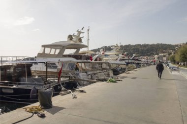 İstanbul, Türkiye 27 Ekim 2023. Boğaz 'ın muhteşem güzelliği. Bereketli yeşil doğa, tarihi, turistik, modern binalar ve yerler. Boğazın kıyı şeridi boyunca turist tur teknesiyle tur. İstanbul 'un tanıtımı için turizm kavramı.