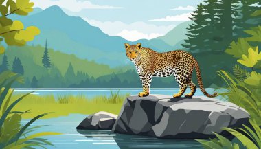 Ormandaki gölün kenarındaki kayanın üzerindeki leopar, vektör çizimi. Doğal ortamdaki vahşi hayvan..