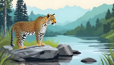 Ormandaki gölün kenarındaki kayanın üzerindeki leopar, vektör çizimi. Doğal ortamdaki vahşi hayvan..