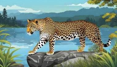 Ormandaki gölün kenarındaki kayanın üzerindeki leopar, vektör çizimi. Doğal ortamdaki vahşi hayvan..