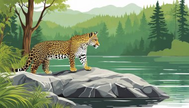 Ormandaki gölün kenarındaki kayanın üzerindeki leopar, vektör çizimi. Doğal ortamdaki vahşi hayvan..